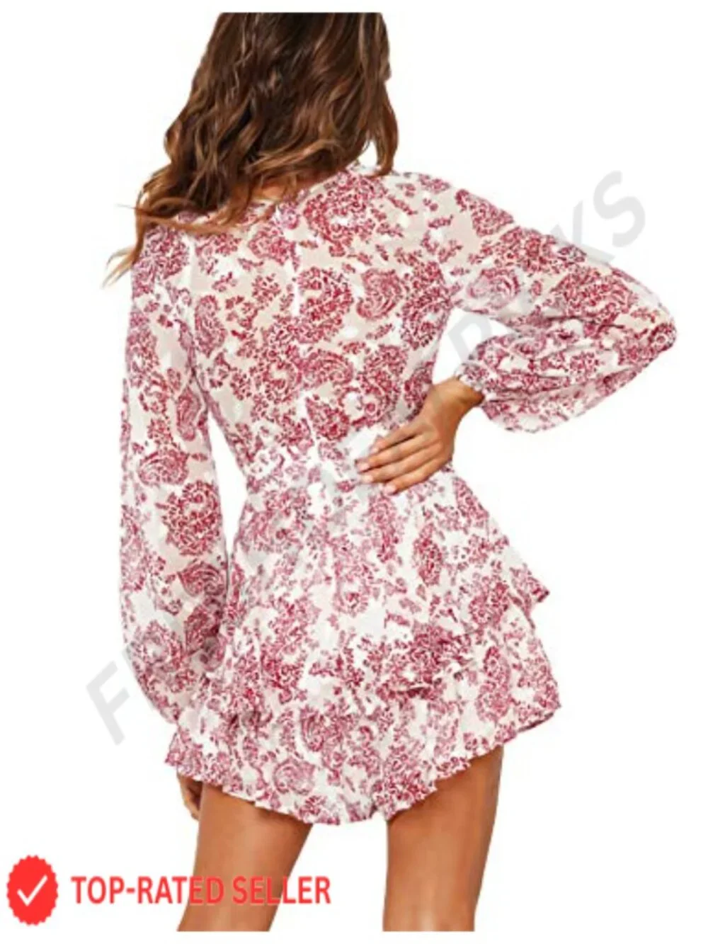 Women's Floral Print Deep V-Neck Romper Long Sleeve Ruffle Hem